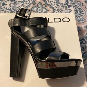 This shoe is genuine leather and comes with box. The heel is 4 inches and sexy.
